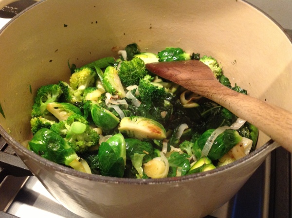 The brussels sprouts and broccoli are added, and stir-fried for a while longer, followed by the baby zucchini and asparagus.